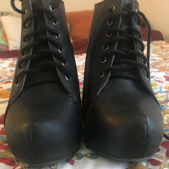 Faux Leather Wedge Booties Lace Up Hidden Heel - Picture 2 of 8